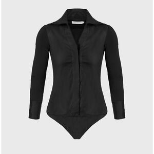 Anne Fontaine Verene Bodysuit Black Poplin & Jersey W/ Large Point Collar US 10